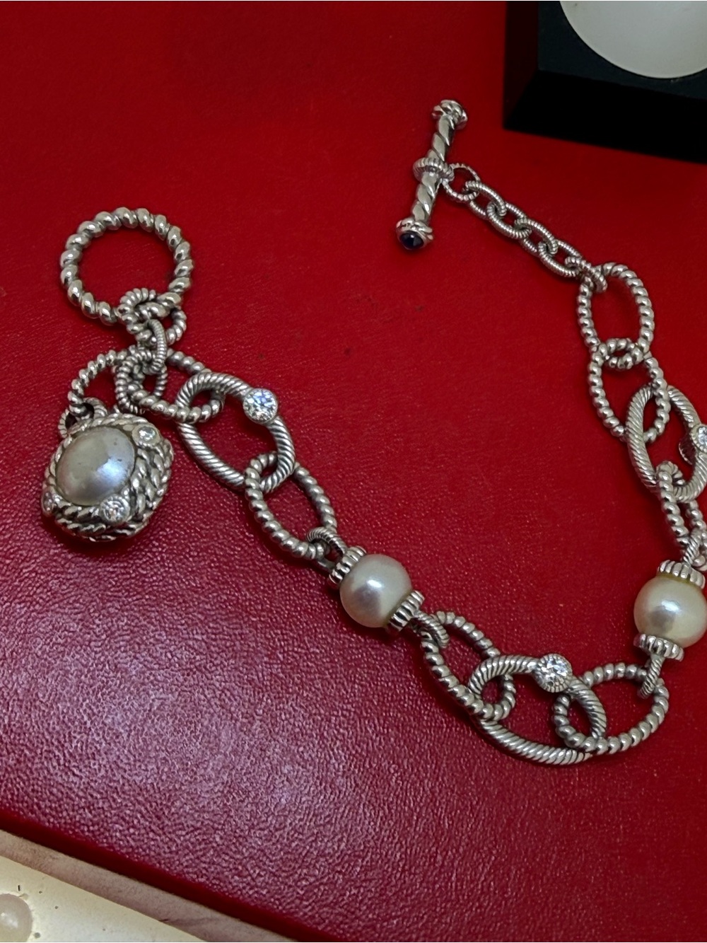 Judith Ripka Sterling Silver Diamonique faux Mabe Pearl Link Toggle Bracelet